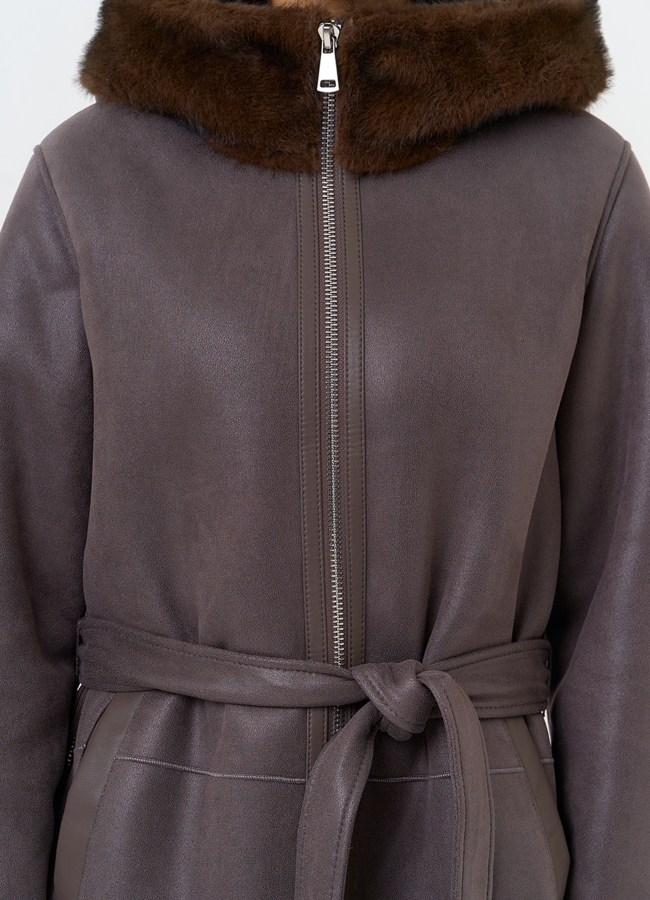 Женская дубленка из эко замши с поясом модель № 31515 универмаг малина