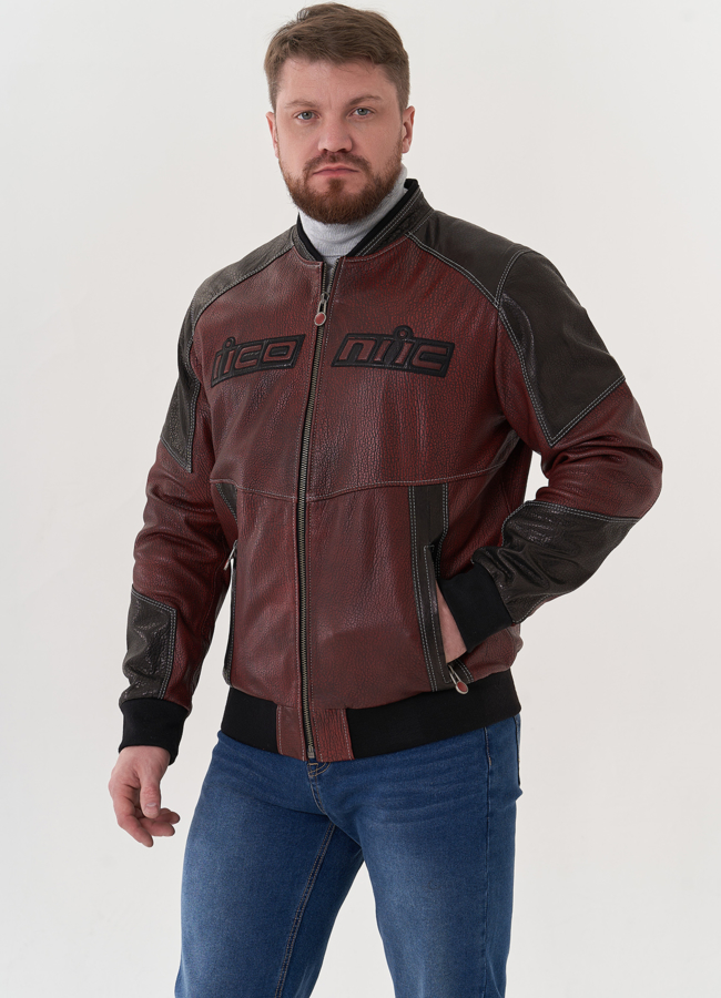 Мужская куртка мото из натуральной кожи модель № 26825 меха малина
