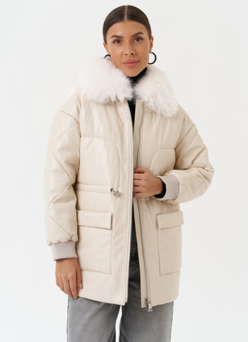 Пуховик из эко кожи с мехом песца