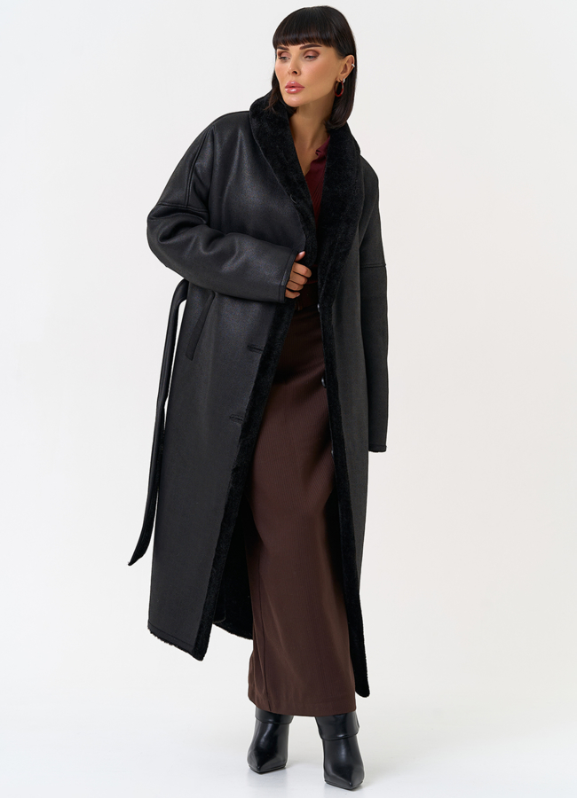 Женская двухсторонняя дубленка из эко замши с воротником шаль модель № 31506 универмаг малина