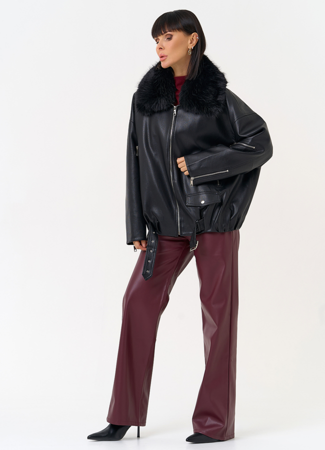 Женская утепленная куртка из эко кожи черного цвета модель № 30708 в рассрочку