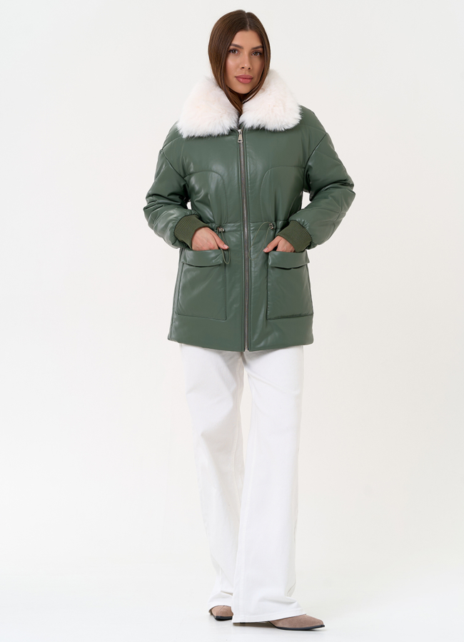 Женский пуховик из эко кожи с воротником из эко меха модель № 30723 в рассрочку