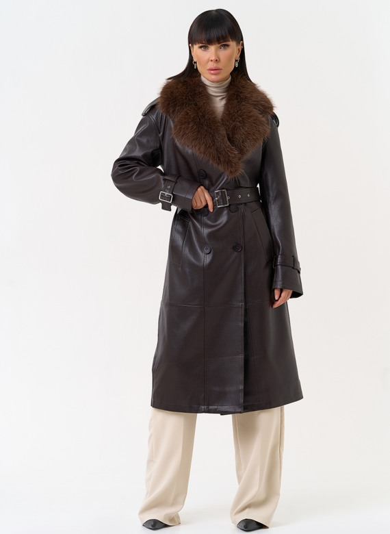 Женское утепленное пальто из экокожи с воротником из эко меха