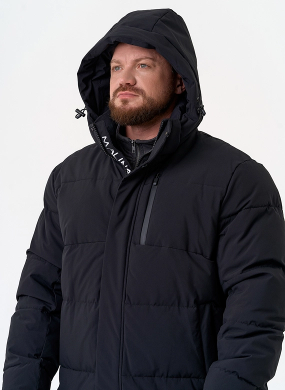 Удлиненный мужской пуховик с капюшоном