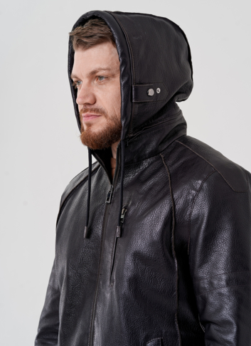 Мужская кожаная куртка с капюшоном