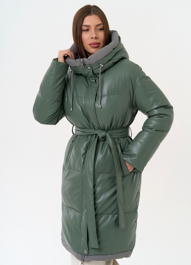 фото Женский пуховик из эко кожи с капюшоном модель № 30729