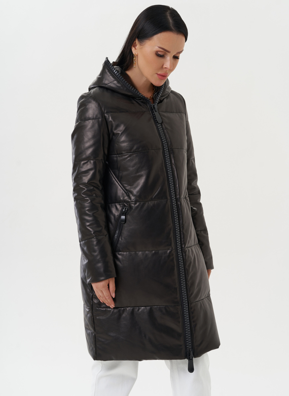 Кожаный пуховик с капюшоном