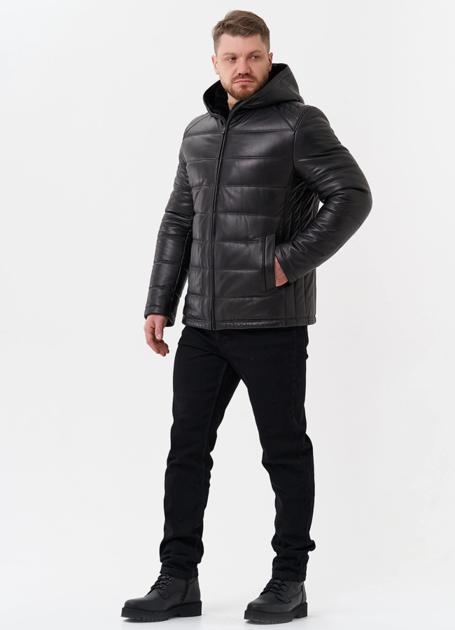 Пуховик из натуральной кожи с отделкой из мутона модель № 25453 в рассрочку