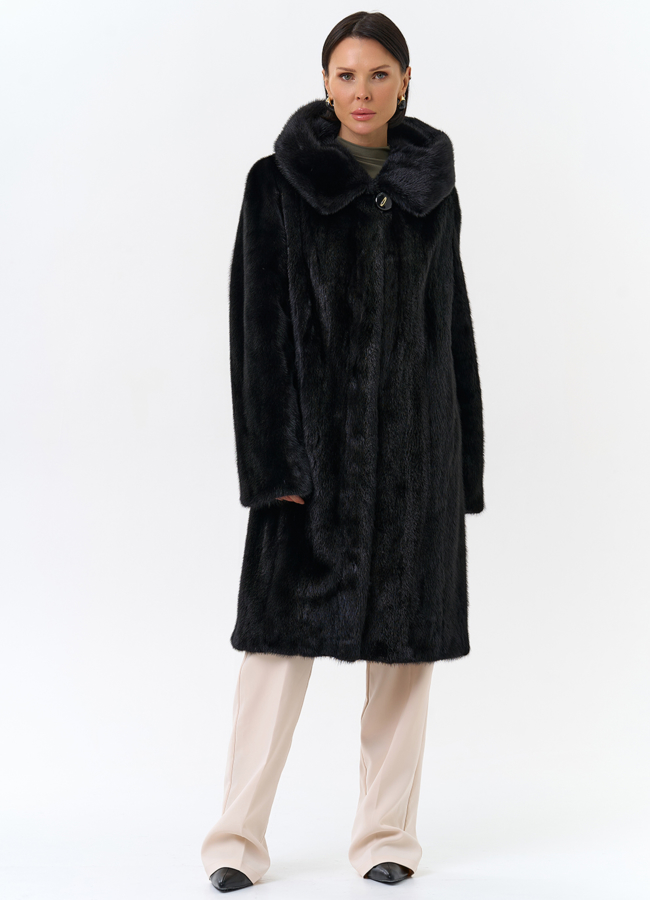 Черная норковая шуба с капюшоном модель № 26158 в кредит