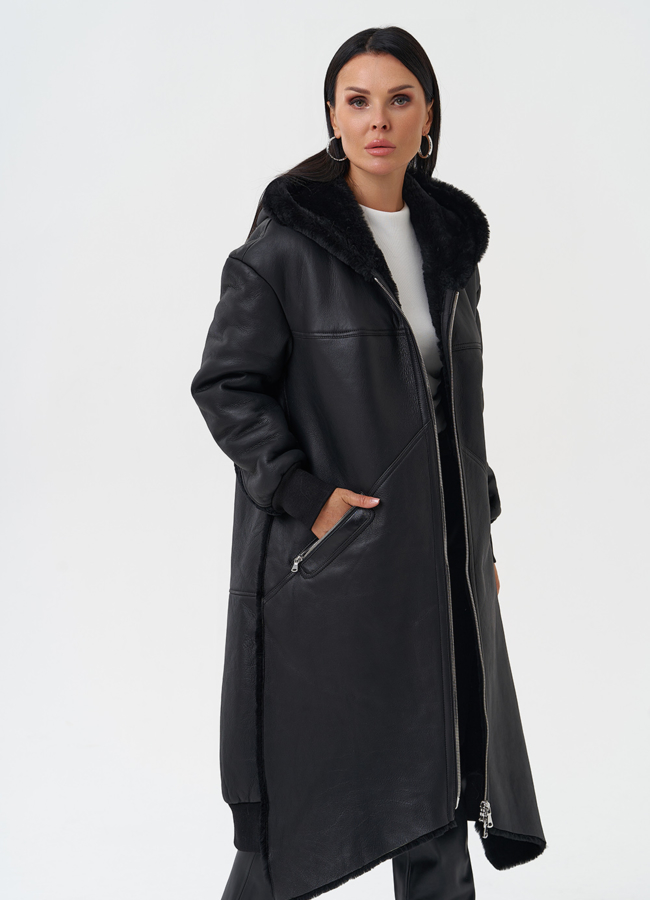 Натуральная дубленка с капюшоном модель № 28701 универмаг малина