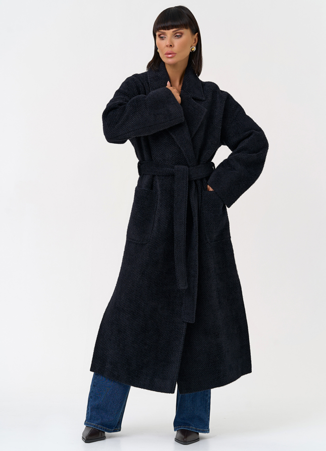 фото Женское длинное пальто в темно-синем цвете модель № 31485