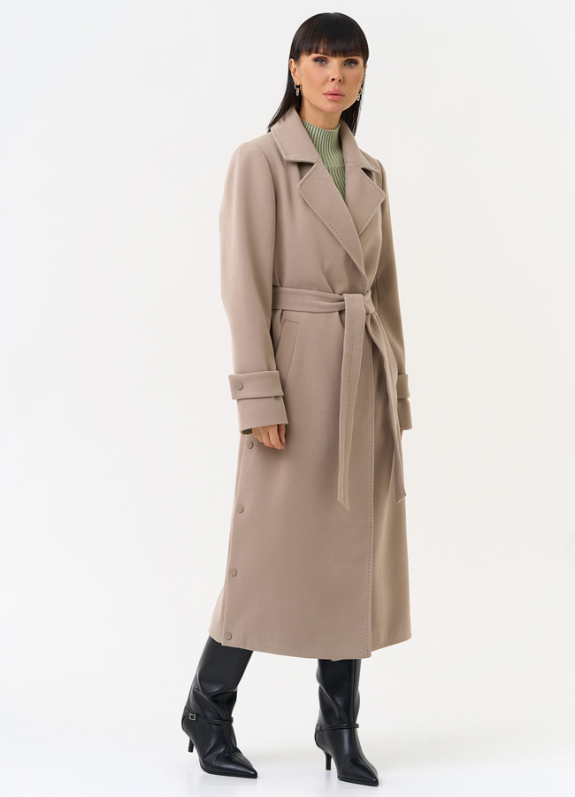 Женское пальто бежевого цвета с поясом модель № 31558 универмаг малина