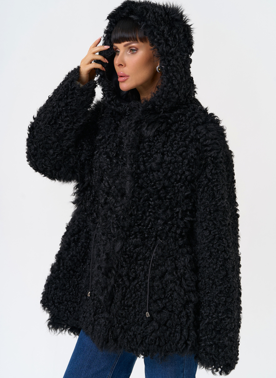 Женская двухсторонняя дубленка с капюшоном