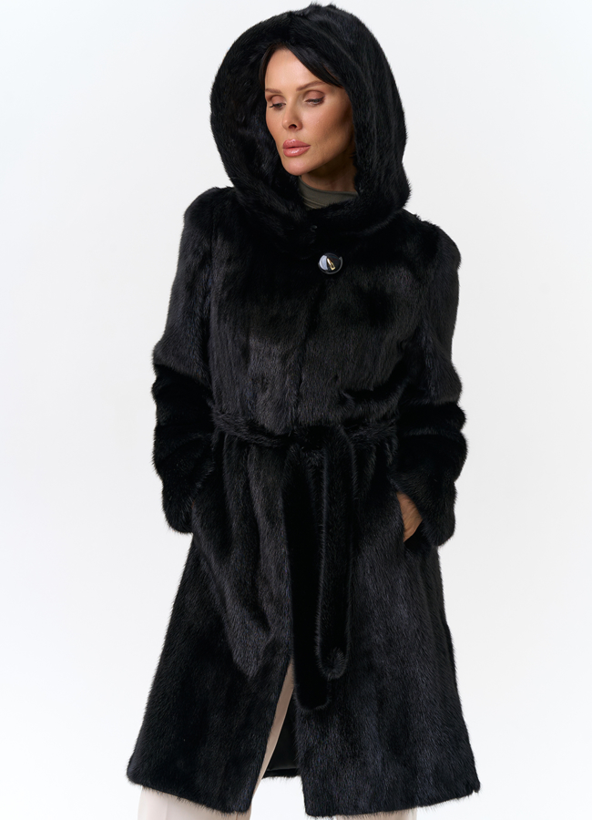 фото Норковая шуба с капюшоном и поясом черного цвета модель № 29529